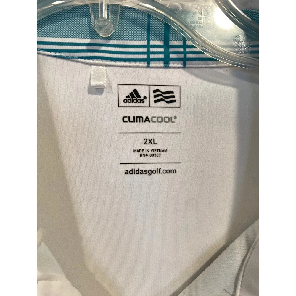 Adidas ClimaCool Mens‎ 2XL Golf Tennis Polo Shirt Teal White Plaid Mesh